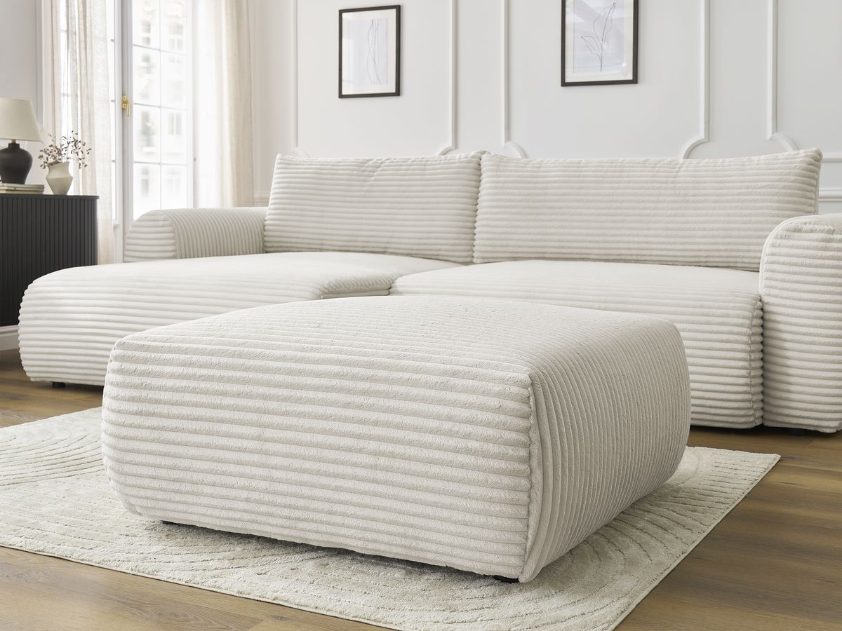 Bobochic Lucien Ecksofa mit Schlaffunktion und Bettkasten und Pouf 314 × 167 cm Breitcord weich Beige Ecke links