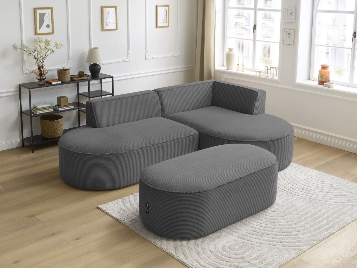 Bobochic Rousseau Ecksofa mit Pouf Cordsamt Dunkelgrau Ecke rechts