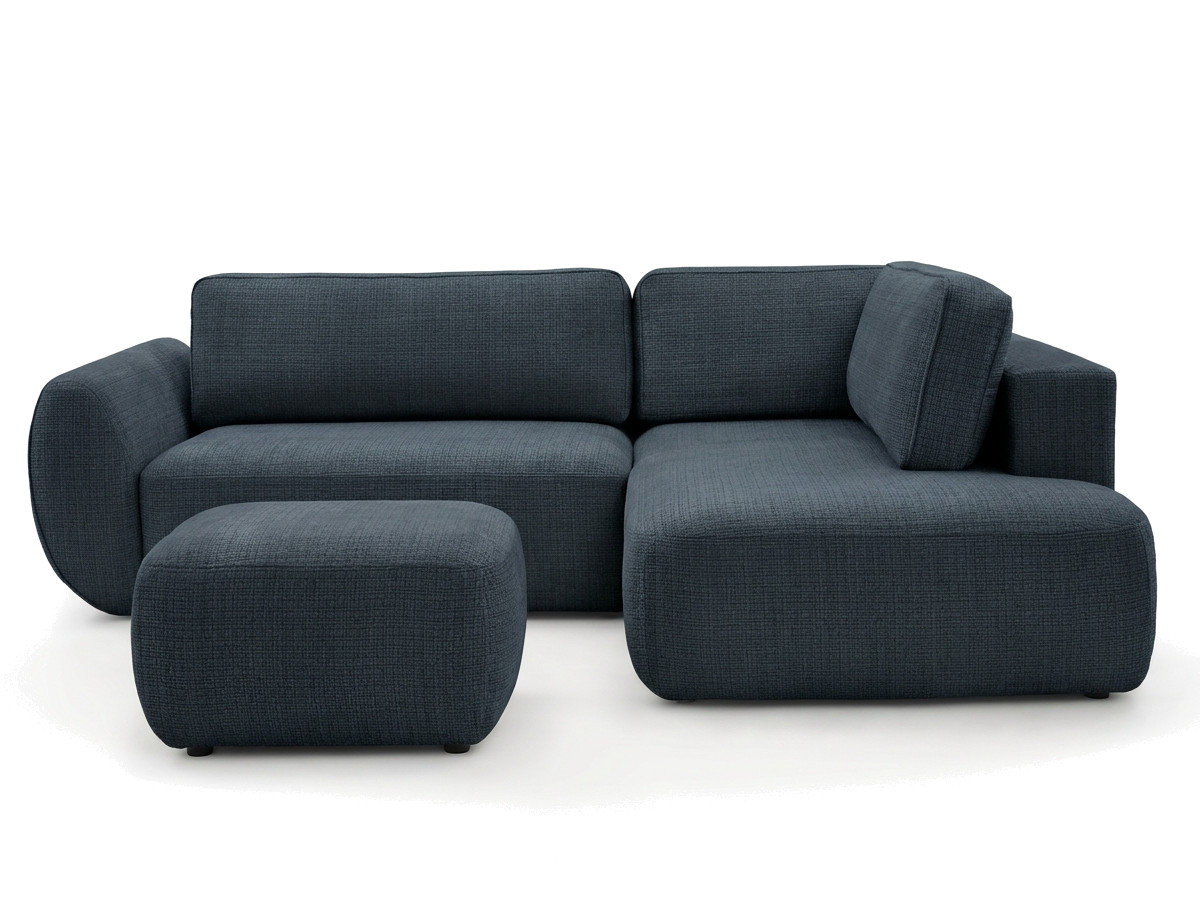 Bobochic Denise Ecksofa mit Schlaffunktion und Bettkasten und Pouf 256 × 197 cm Strukturstoff Dunkelblau Ecke rechts