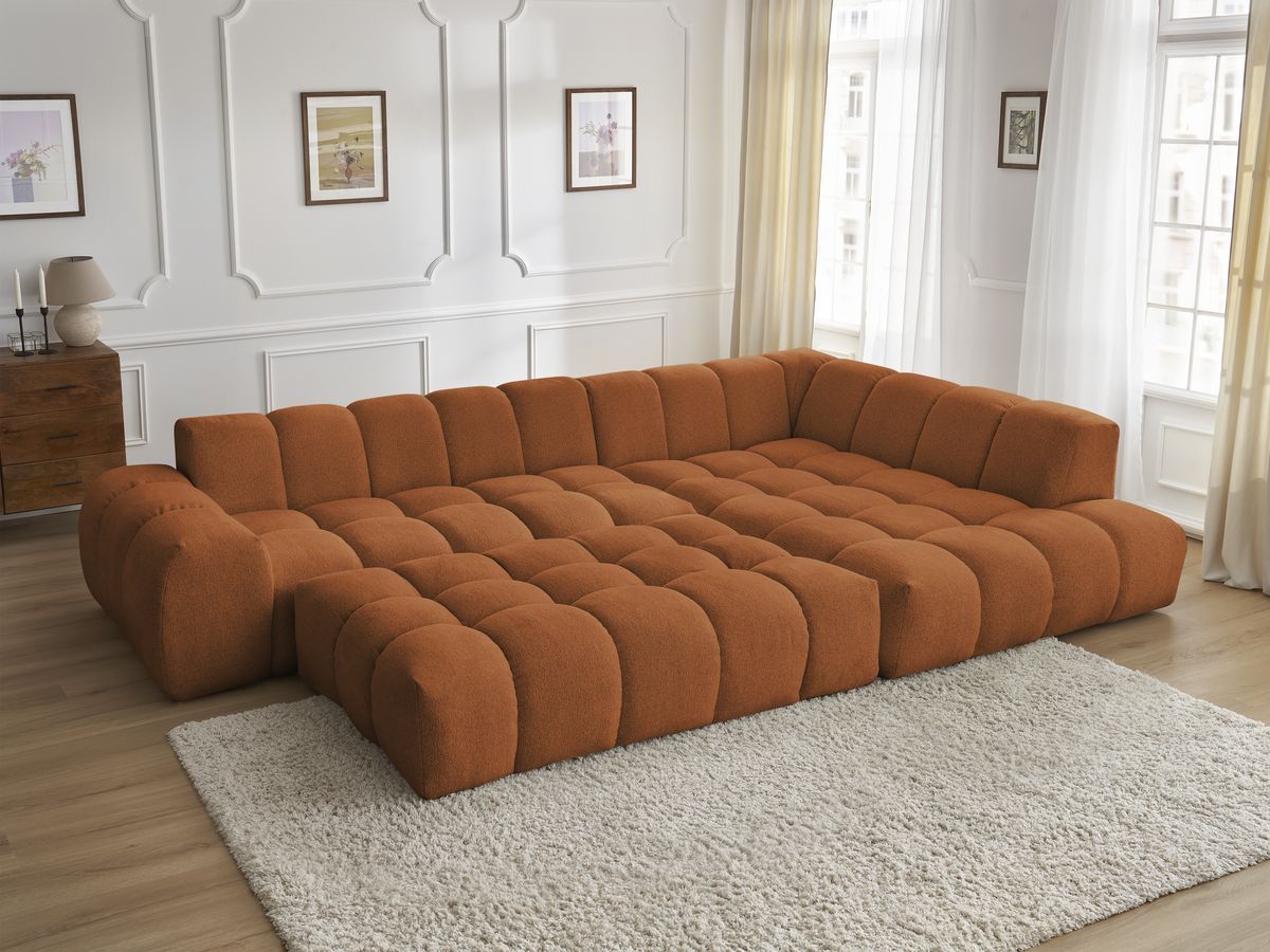 Bobochic Everest Ecksofa mit Schlaffunktion und Pouf, 10 Kissen Melange-Stoff Orange Ecke rechts