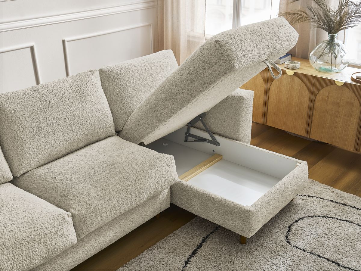 Bobochic Cocoone Ecksofa mit Schlaffunktion und Bettkasten Bouclé-Stoff Beige, Liegefläche 160 × 200 cm