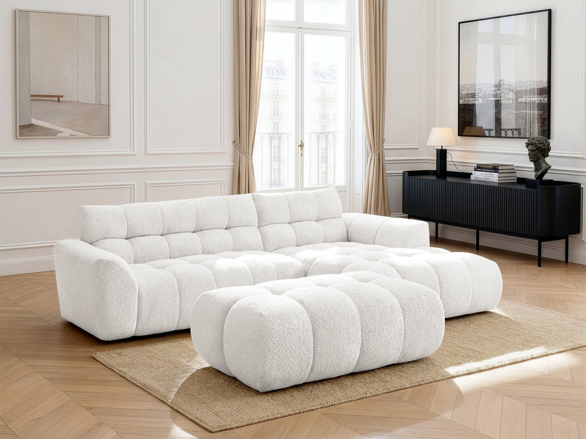 Bobochic Jaya Ecksofa mit Pouf Chenille Weiß Ecke rechts