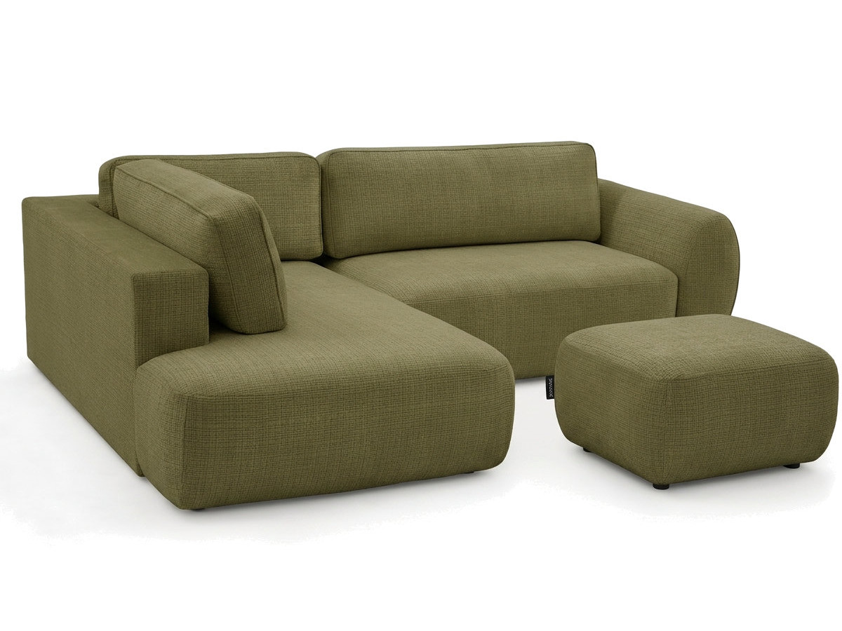 Bobochic Denise Ecksofa mit Schlaffunktion und Bettkasten und Pouf 256 × 197 cm Strukturstoff Grün Ecke links