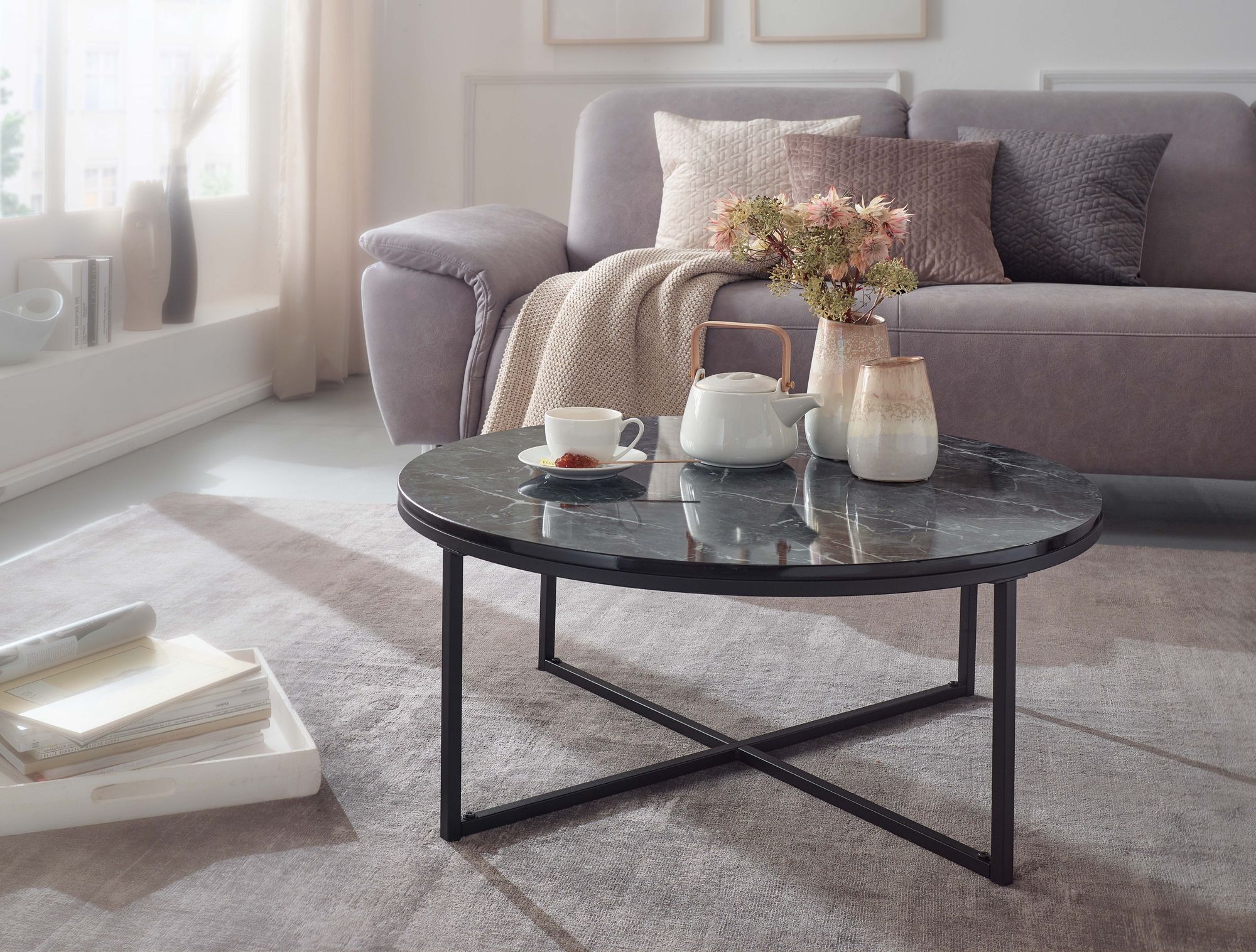 Couchtisch Fosna Marmoroptik Schwarz Ø 80 cm