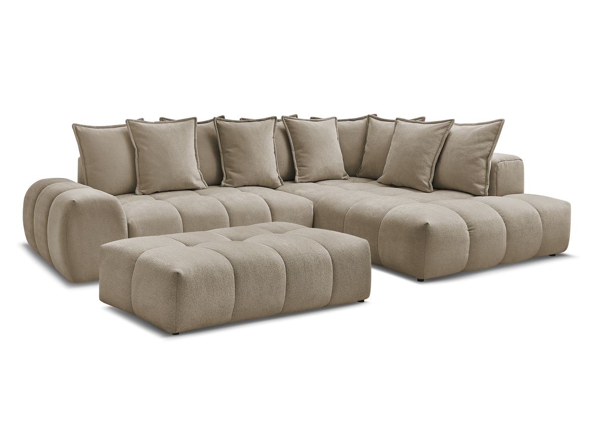 Bobochic Everest Ecksofa mit Schlaffunktion und Bettkasten und Pouf 320 × 212 cm, 10 Kissen Strukturstoff Taupe Ecke rechts