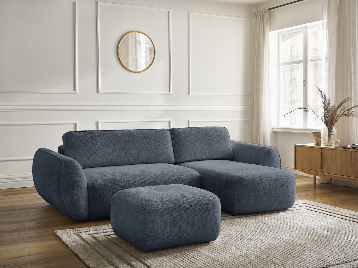 Bobochic Denise Ecksofa mit Schlaffunktion und Bettkasten und Pouf 258 × 160 cm Strukturstoff Dunkelblau Ecke rechts