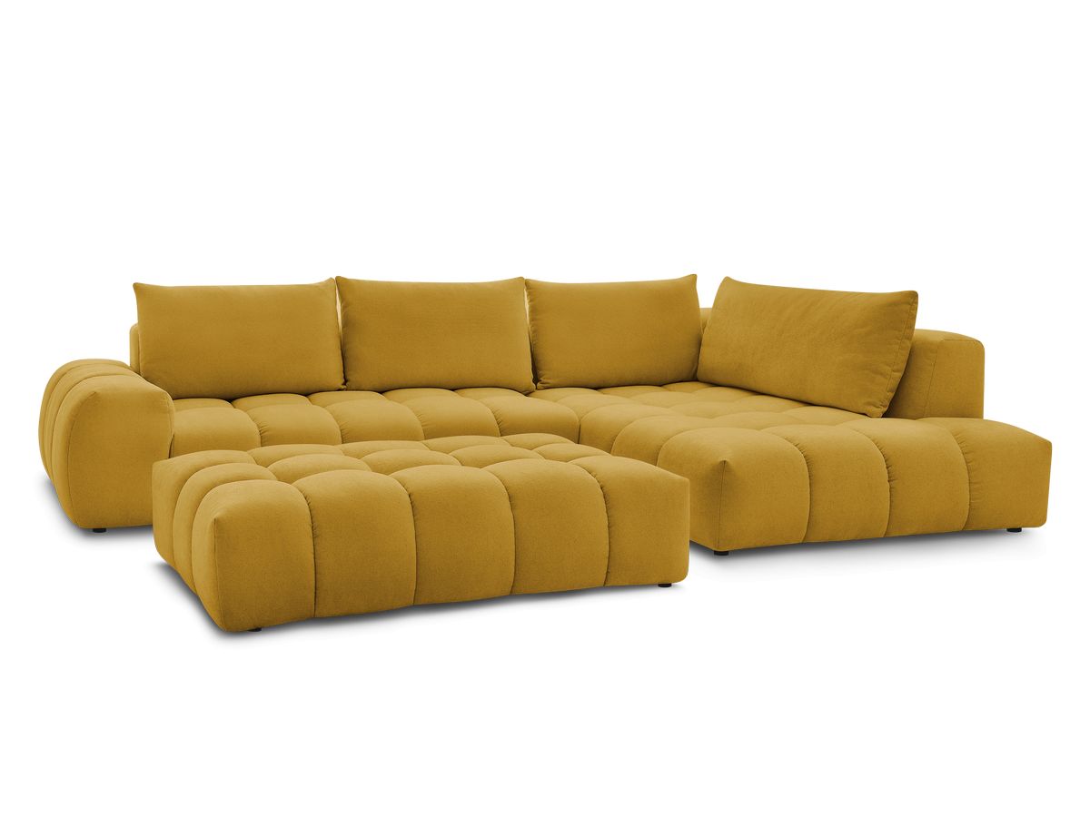 Bobochic Everest Ecksofa mit Schlaffunktion und Pouf, 4 Kissen Strukturstoff Gelb Ecke rechts