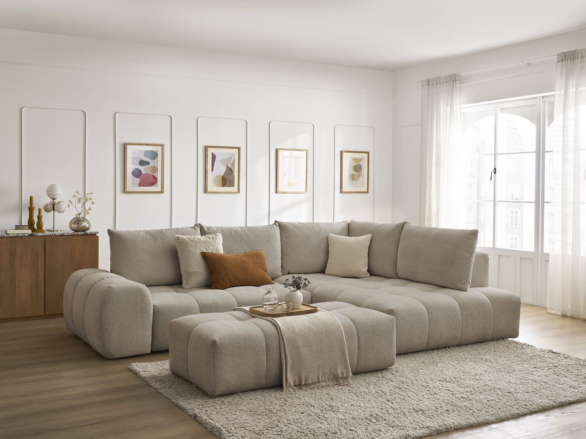 Bobochic Everest Ecksofa mit Schlaffunktion und Bettkasten und Pouf 320 × 212 cm, 5 Kissen Melange-Stoff Taupe Ecke rechts