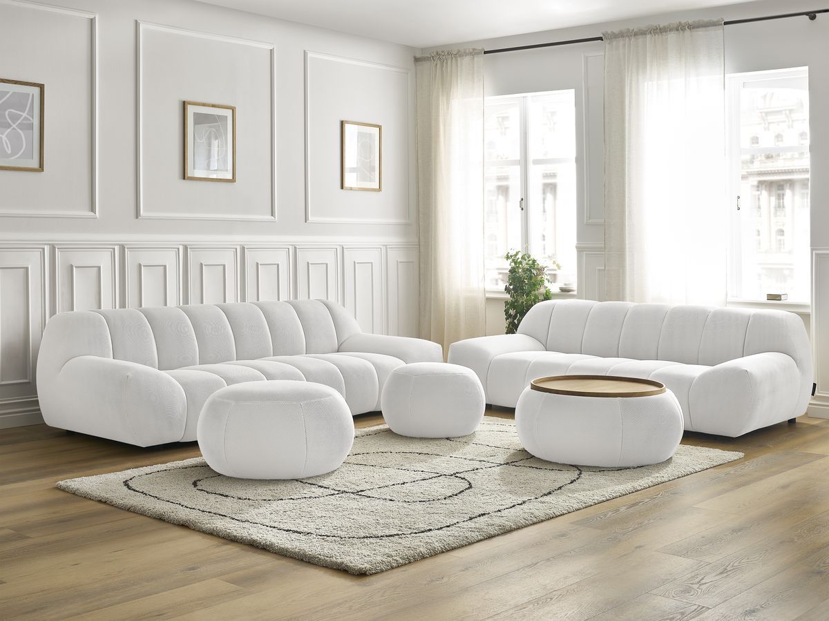 Bobochic Hayden Sofa-Set 3- und 2-Sitzer mit 3 Poufs Mesh-Stoff Weiß
