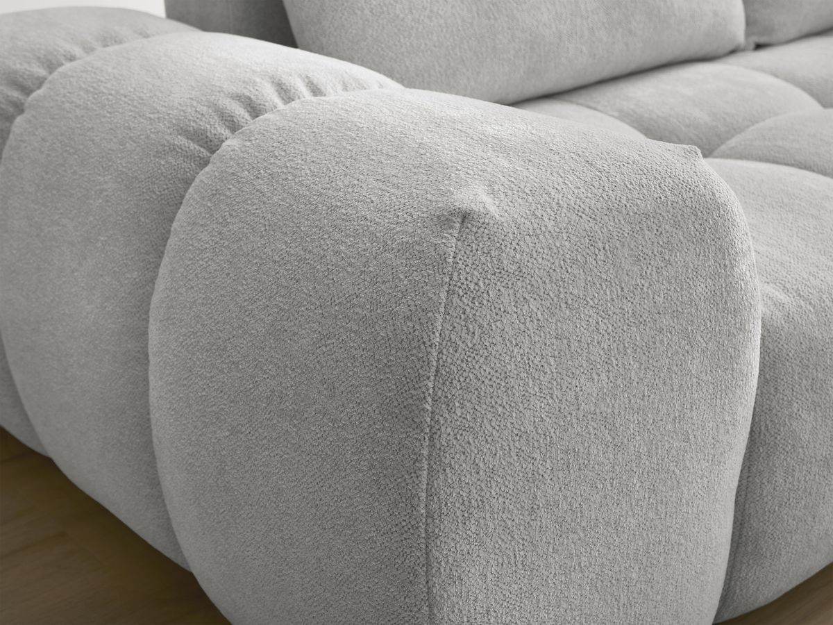 Bobochic Everest Ecksofa mit Schlaffunktion und Bettkasten und Pouf 320 × 212 cm, 5 Kissen Melange-Stoff Hellgrau Ecke rechts