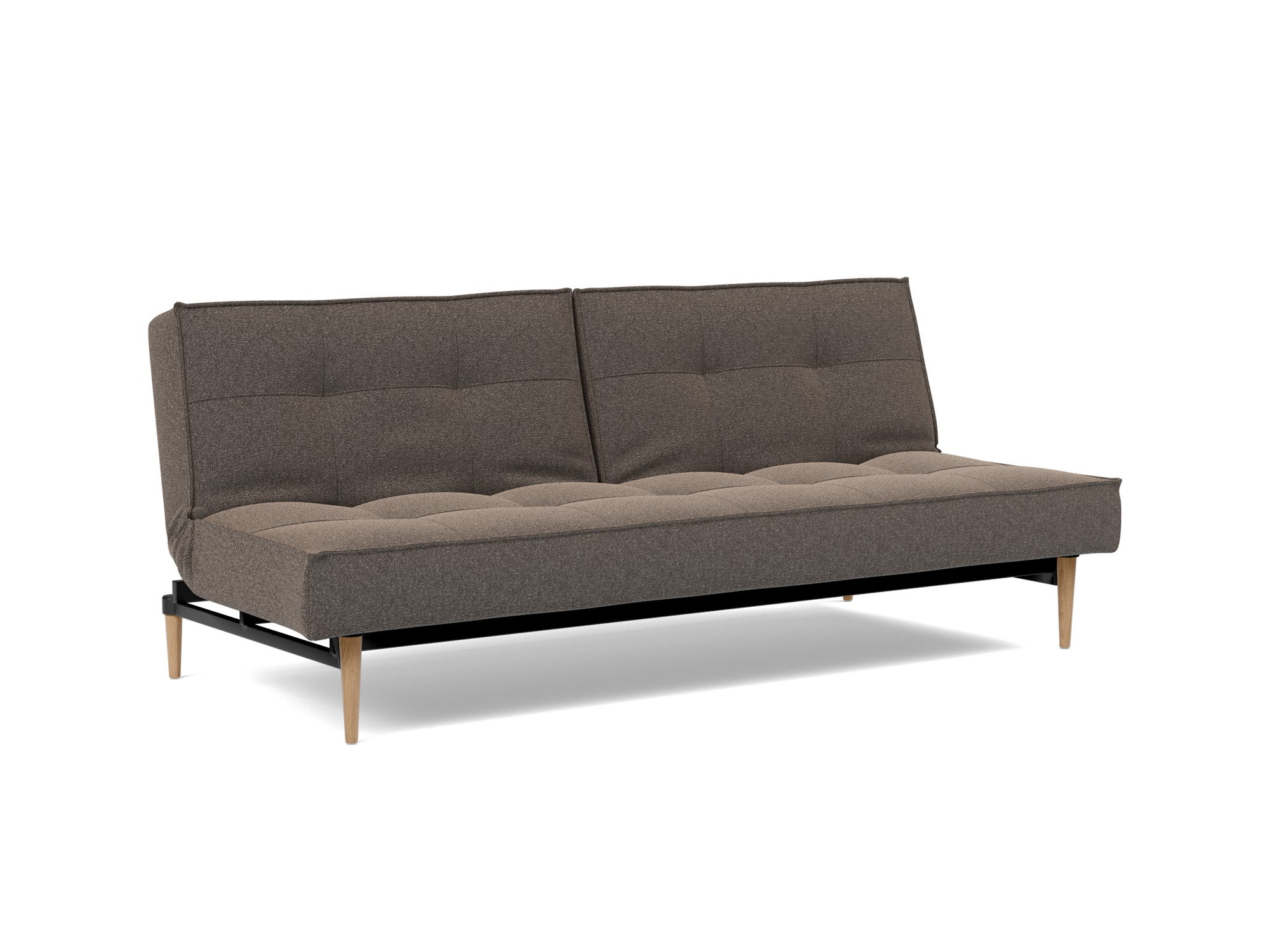 Schlafsofa Splitback Boucle Skandi 530-Taupe Beine Styletto Eiche hell