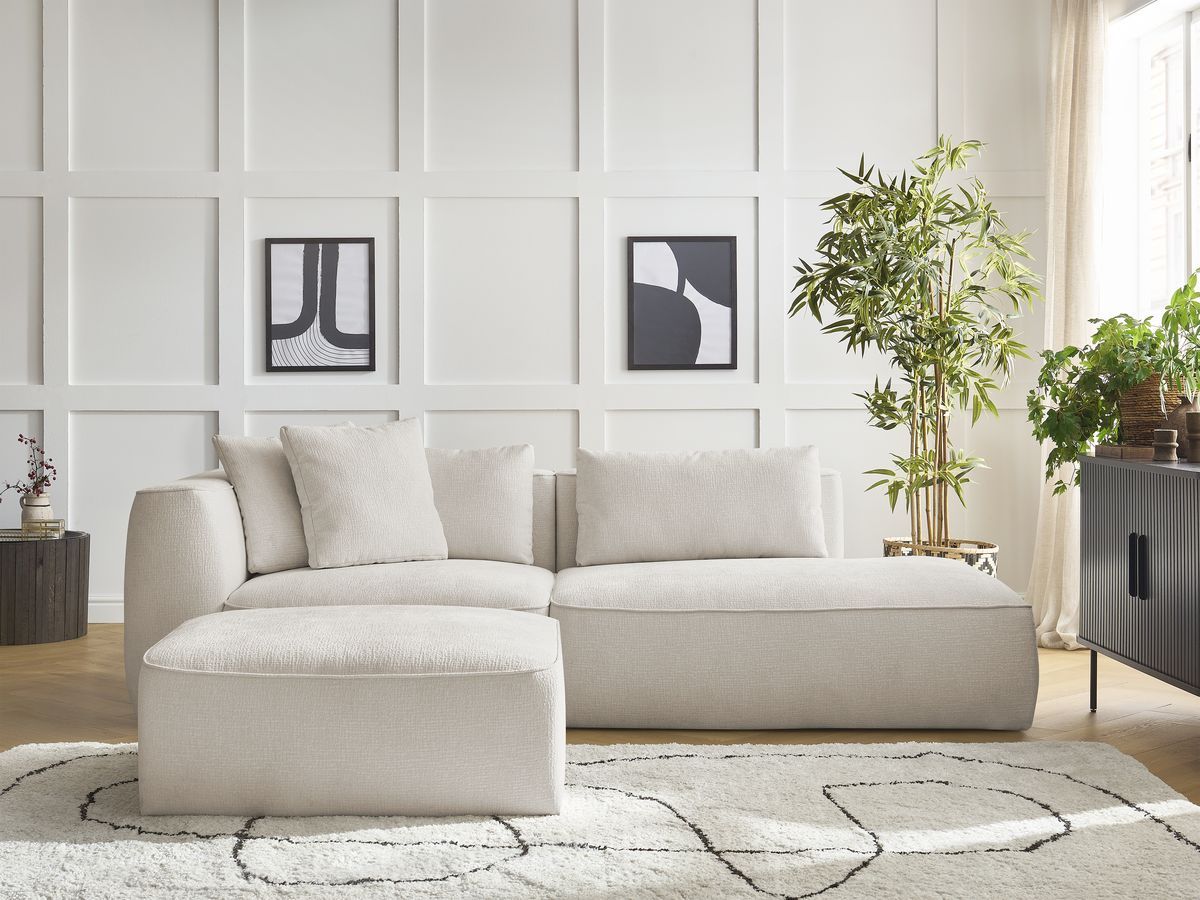 Bobochic Leopold Sofa 4-Sitzer mit Pouf Strukturstoff Beige Armlehne links