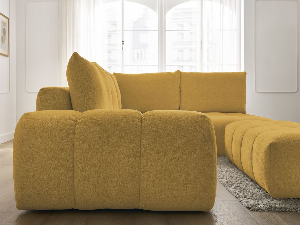 Bobochic Everest Ecksofa mit Schlaffunktion und Bettkasten und Pouf 320 × 212 cm, 5 Kissen Melange-Stoff Gelb Ecke rechts