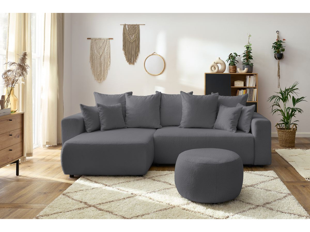 Bobochic Envy Ecksofa mit Schlaffunktion und Bettkasten und rundem Pouf Bouclé-Stoff Dunkelgrau