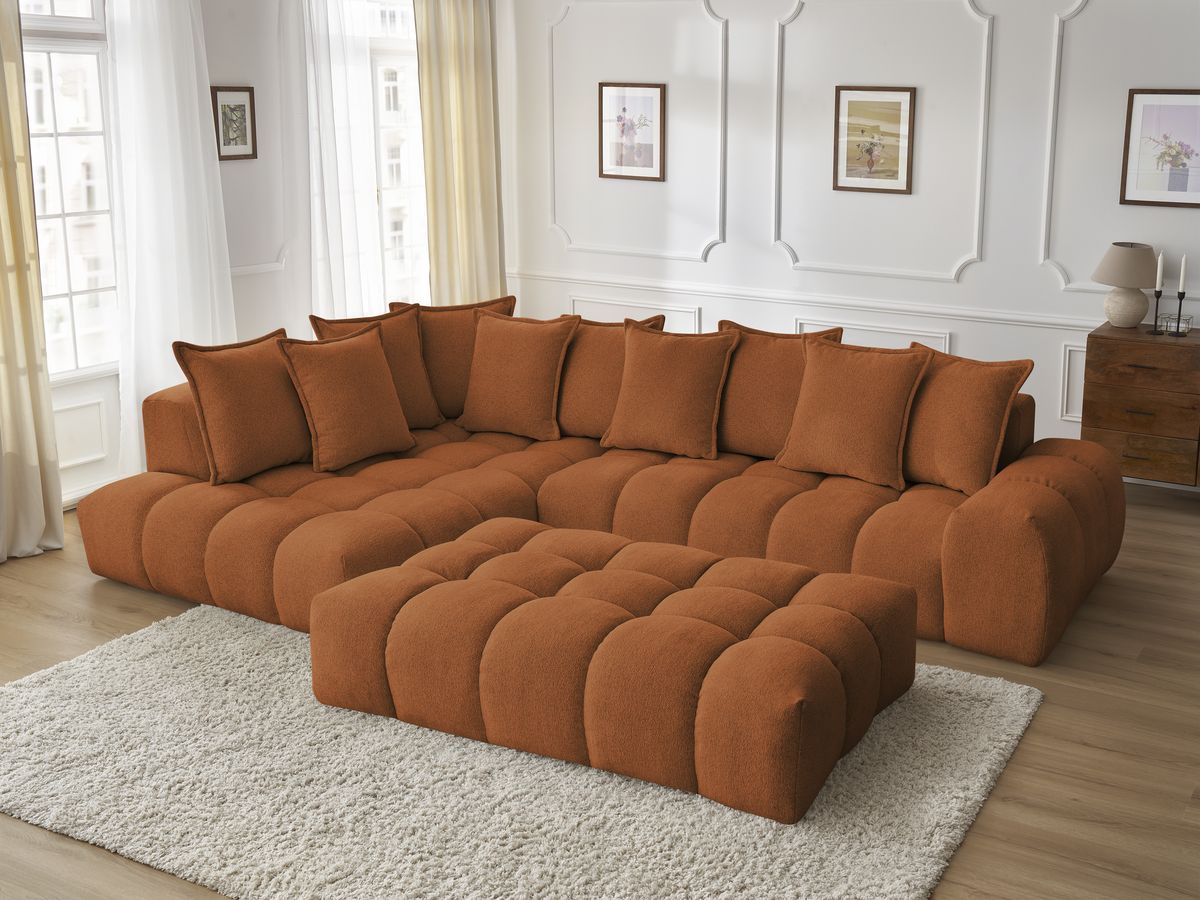 Bobochic Everest Ecksofa mit Schlaffunktion und Pouf, 10 Kissen Melange-Stoff Orange Ecke links