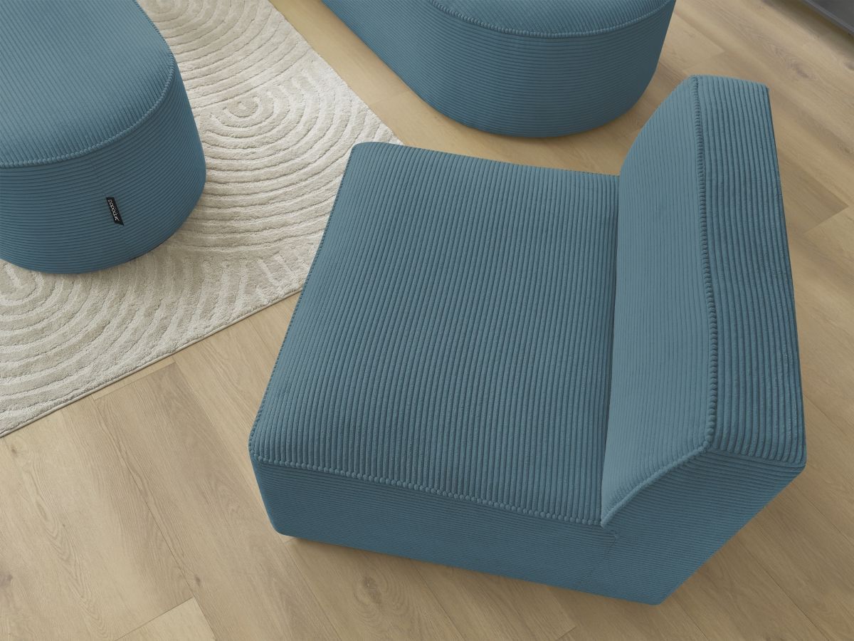 Bobochic Rousseau Ecksofa mit Sofamodul und Pouf Cordsamt Dunkelblau Ecke links