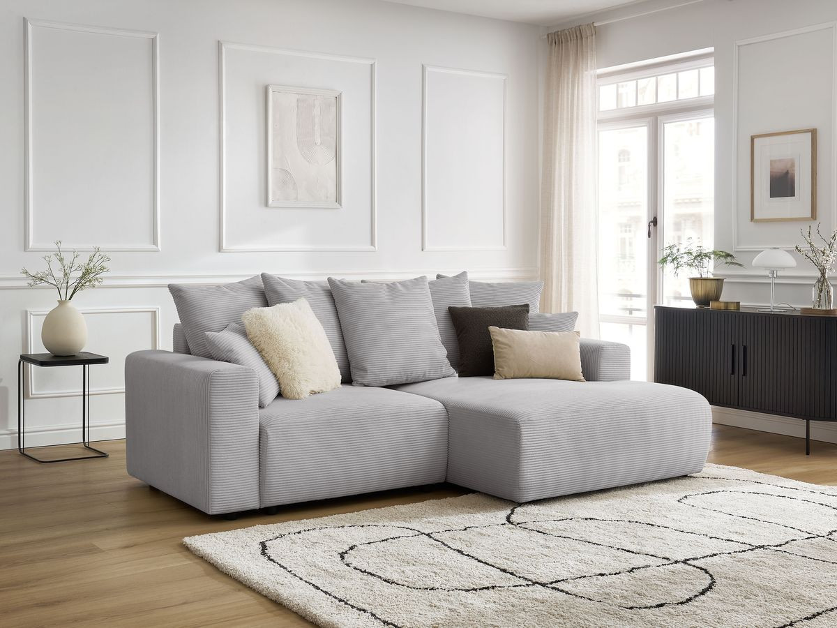 Bobochic Atilla Ecksofa mit Schlaffunktion und Bettkasten Cordsamt Hellgrau Ecke rechts