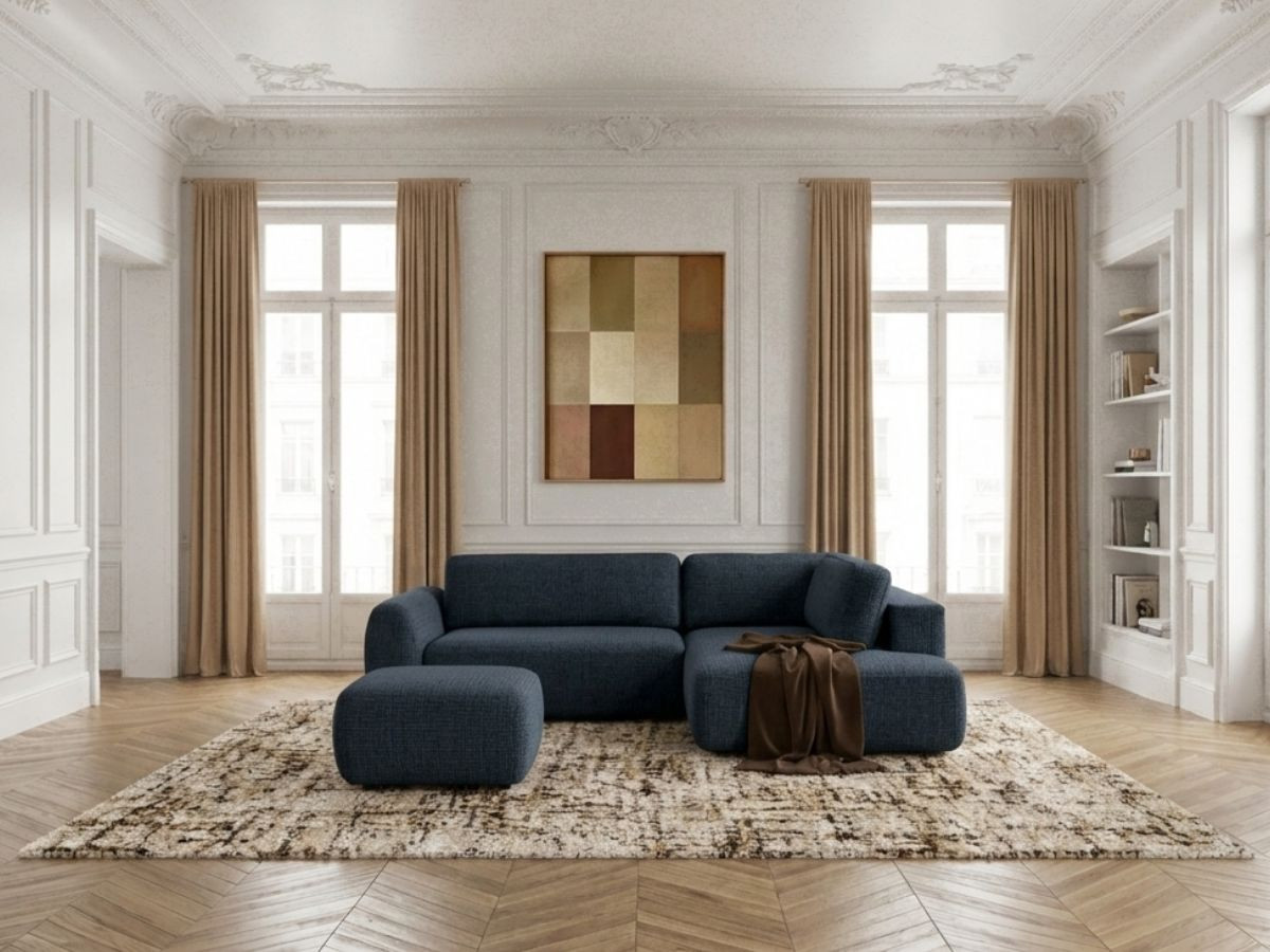 Bobochic Denise Ecksofa mit Schlaffunktion und Bettkasten und Pouf 256 × 197 cm Strukturstoff Dunkelblau Ecke rechts