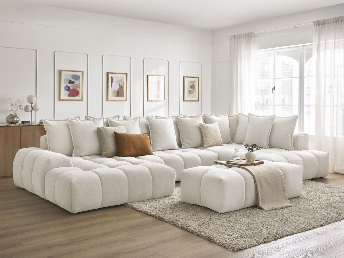 Bobochic Everest Wohnlandschaft mit Pouf, 14 Kissen Strukturstoff Weiß Ecke links