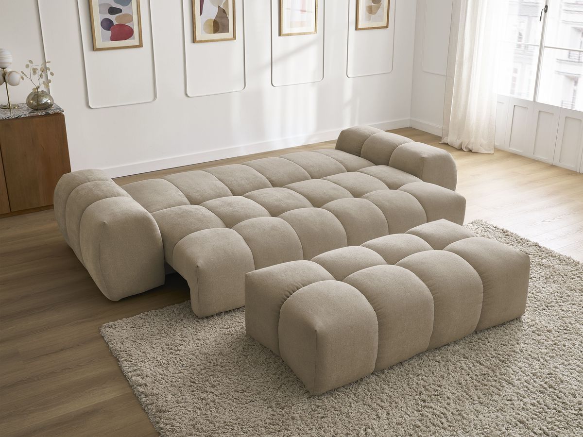 Bobochic Everest Schlafsofa 3-Sitzer mit Bettkasten und Pouf, 5 Kissen Strukturstoff Taupe