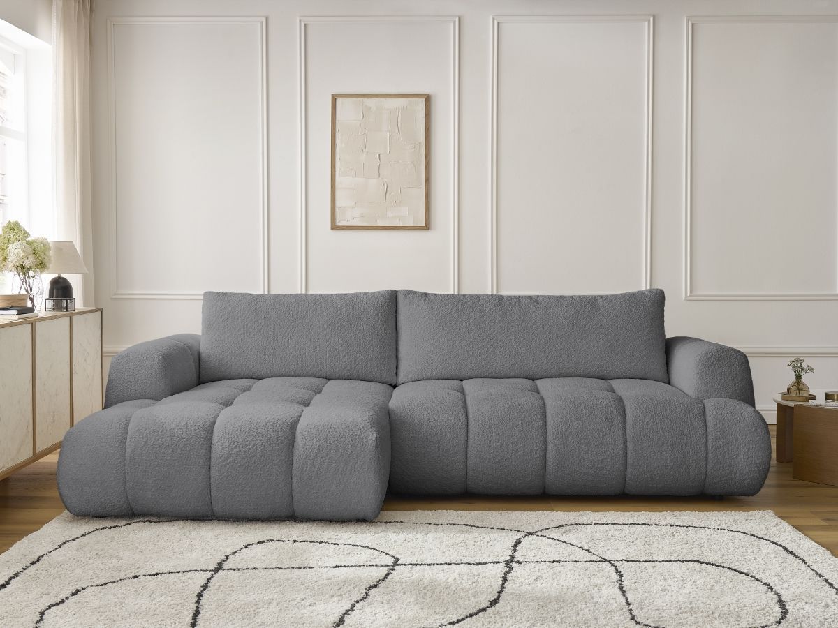 Bobochic Fuji Ecksofa mit Schlaffunktion und Bettkasten 292 × 160 cm Bouclé-Stoff Dunkelgrau Ecke links