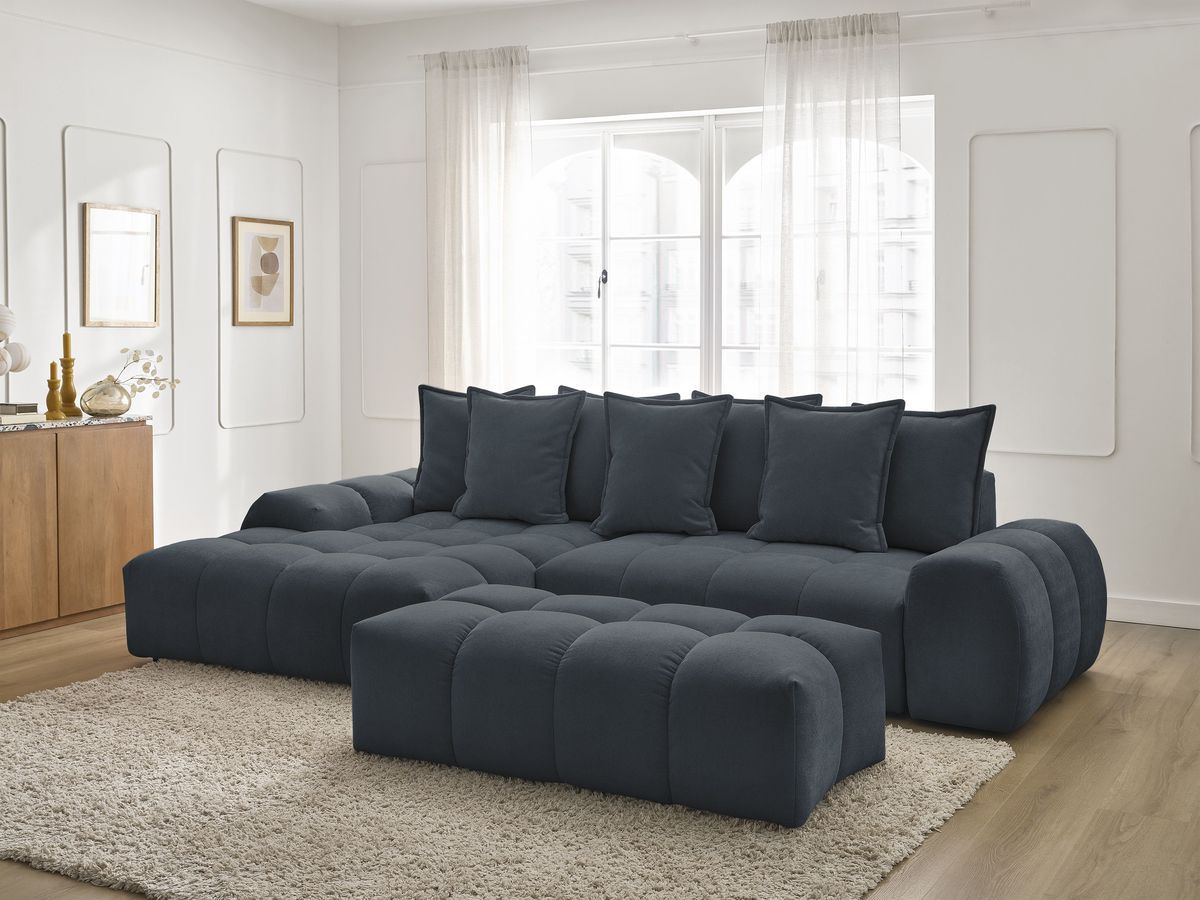 Bobochic Everest Ecksofa mit Schlaffunktion und Bettkasten und Pouf 318 × 180 cm, 7 Kissen Strukturstoff Blau Ecke links