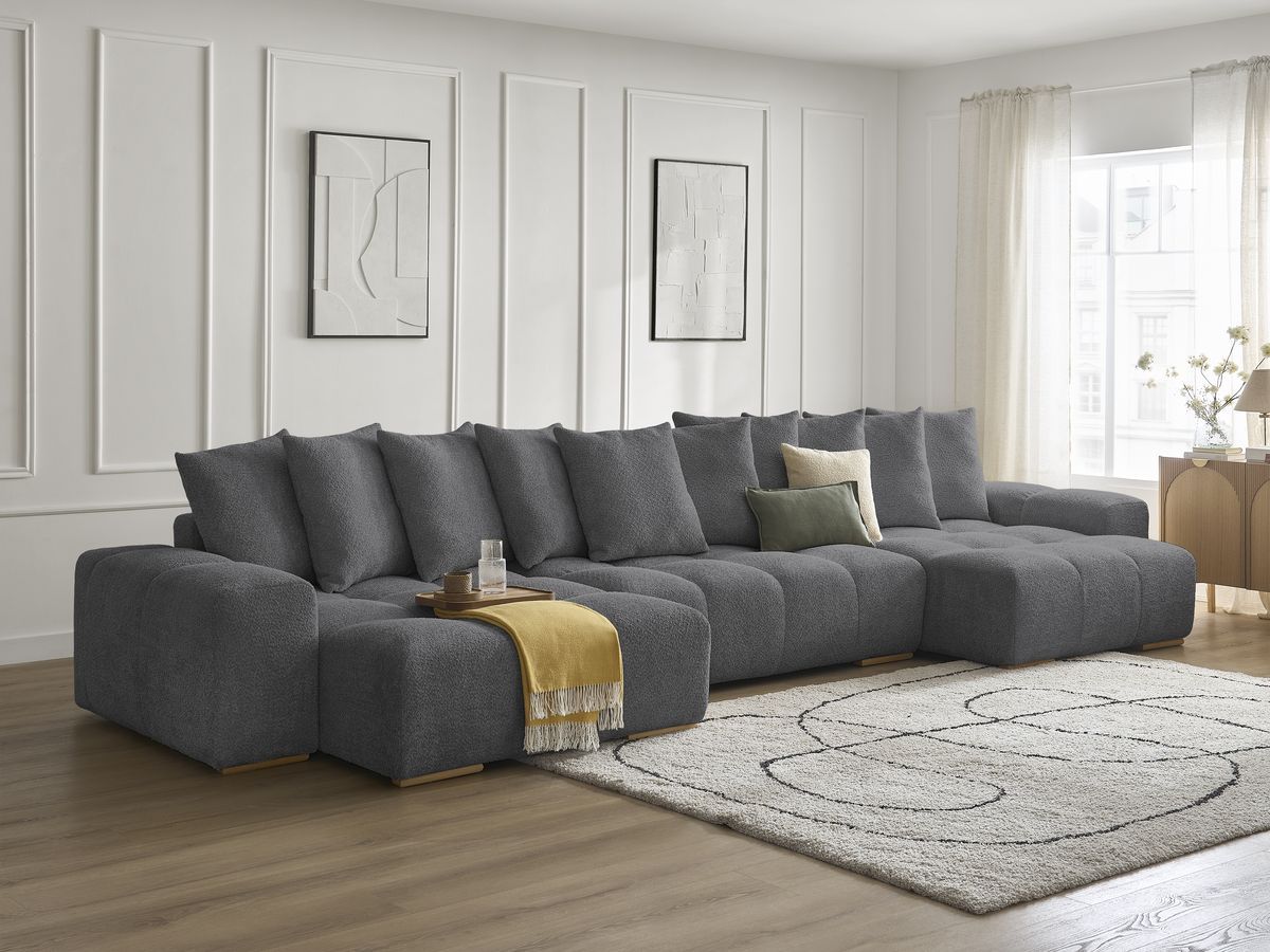 Bobochic Anakin Wohnlandschaft, Liegefläche 137 × 382 cm, 10 Kissen Bouclé-Stoff Dunkelgrau
