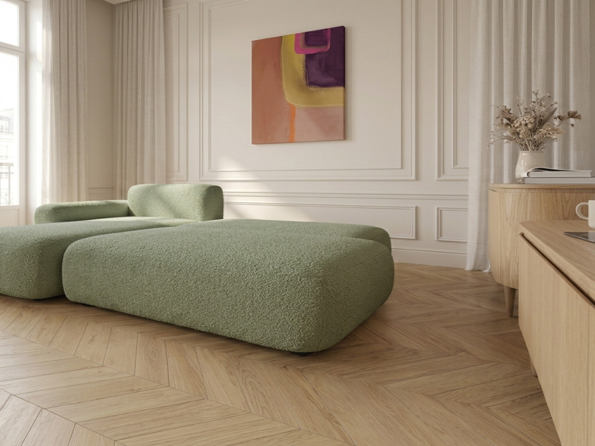 Bobochic Tango Ecksofa mit Schlaffunktion und Bettkasten Bouclé-Stoff Grün Ecke links