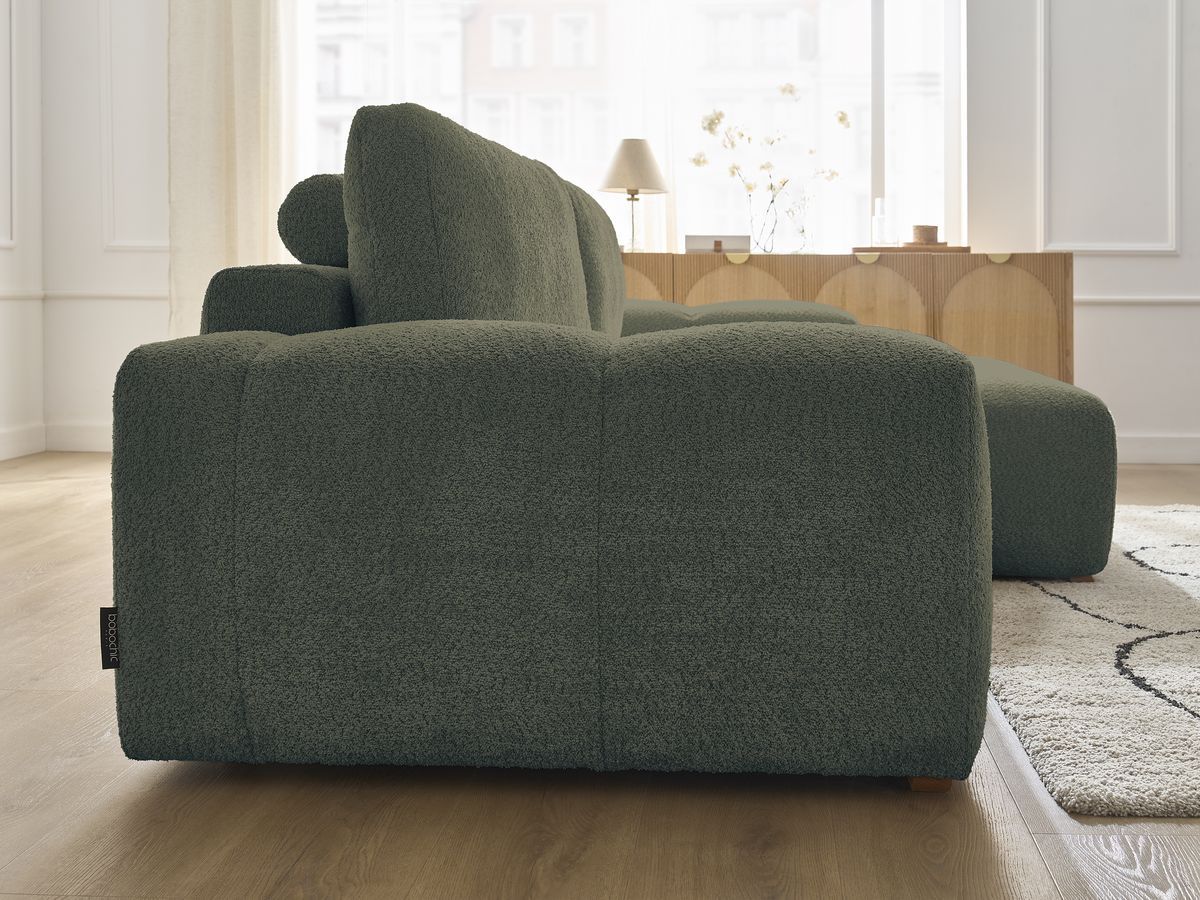 Bobochic Anakin Ecksofa mit Schlaffunktion und Bettkasten, 2 Kissen Bouclé-Stoff Grün