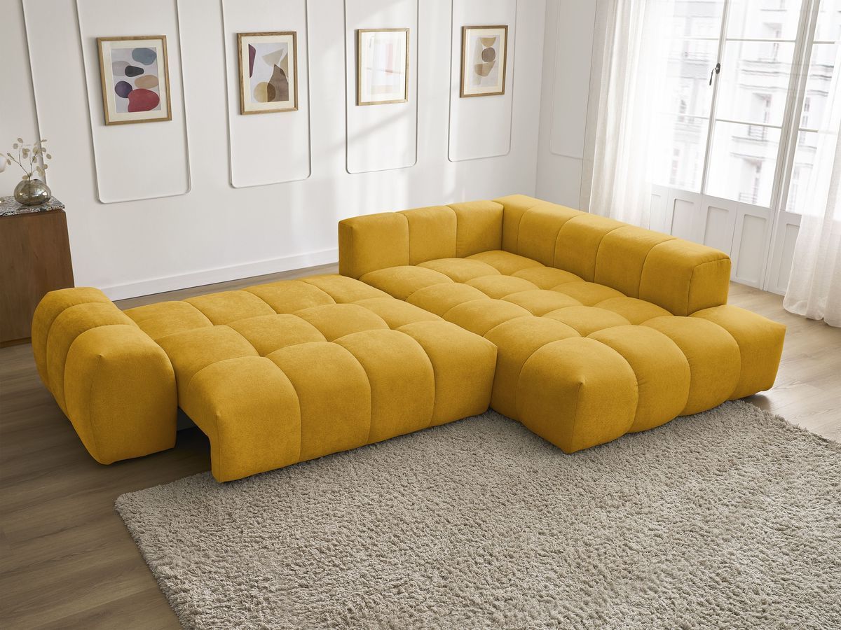Bobochic Everest Ecksofa mit Schlaffunktion und Bettkasten 320 × 212 cm, 5 Kissen Strukturstoff Gelb Ecke rechts