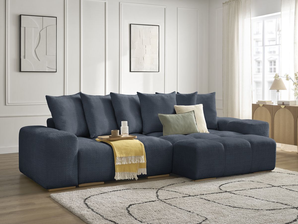 Bobochic Anakin Ecksofa mit Schlaffunktion und Bettkasten, 6 Kissen Strukturstoff Dunkelblau