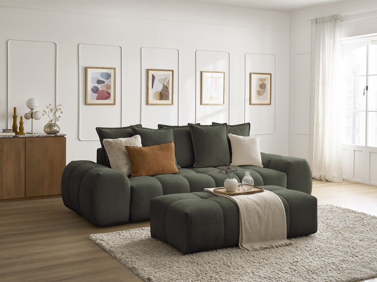 Bobochic Everest Schlafsofa 3-Sitzer mit Bettkasten und Pouf, 5 Kissen Melange-Stoff Grün