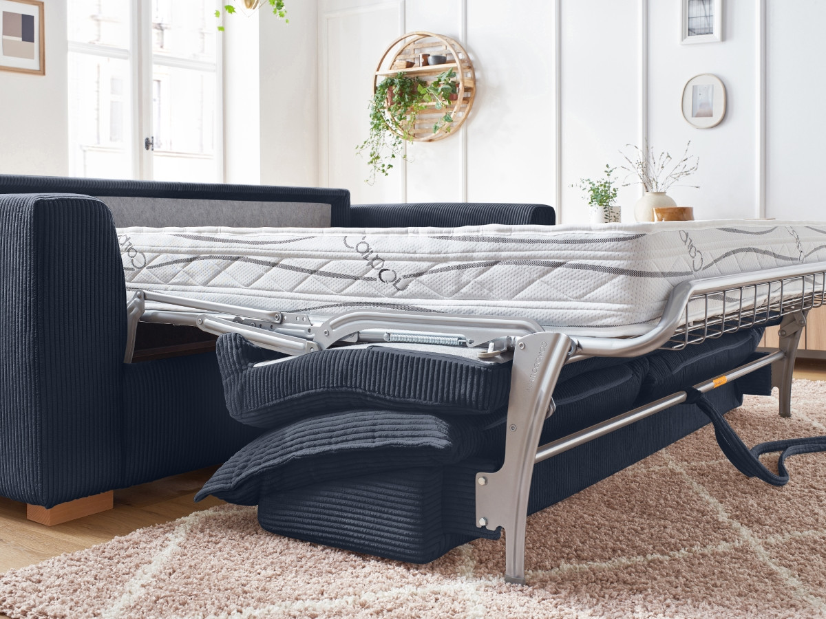 Bobochic Augustin Schlafsofa 3-Sitzer Cordsamt Dunkelblau, Liegefläche 140 × 200 cm
