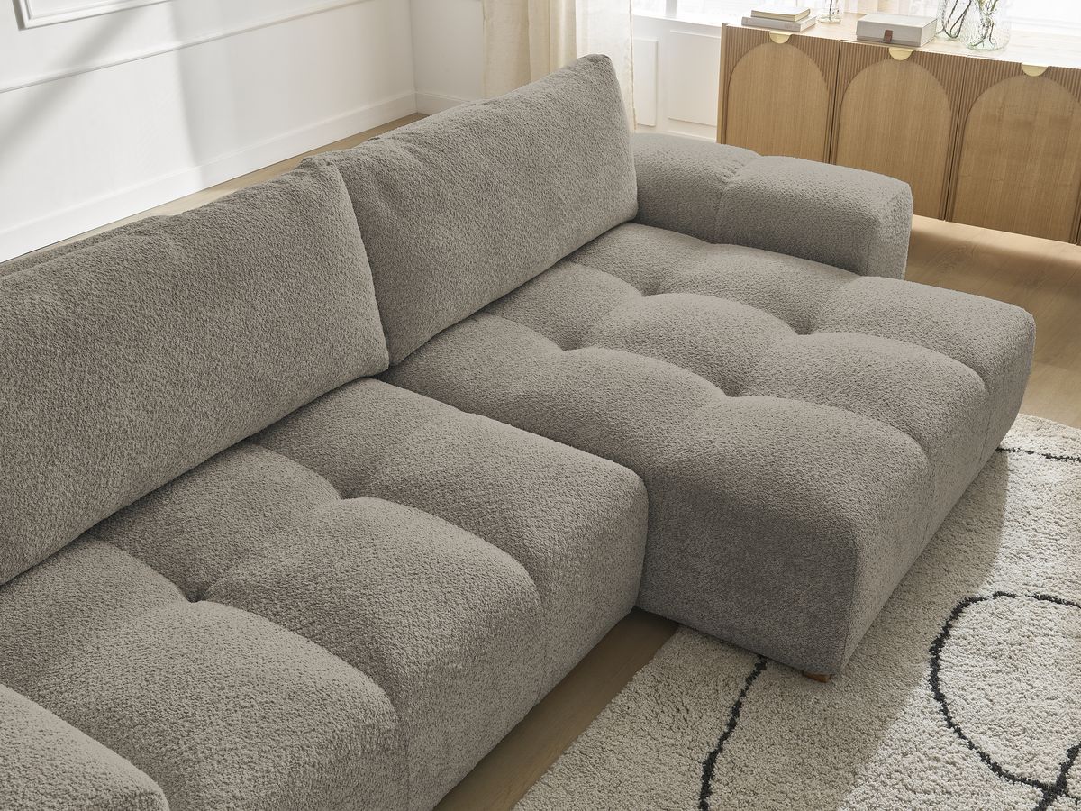 Bobochic Anakin Ecksofa mit Schlaffunktion und Bettkasten, 2 Kissen Bouclé-Stoff Taupe