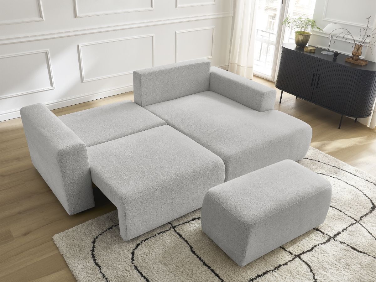 Bobochic Atilla Ecksofa mit Schlaffunktion und Bettkasten und Pouf Melange-Stoff Hellgrau Ecke rechts