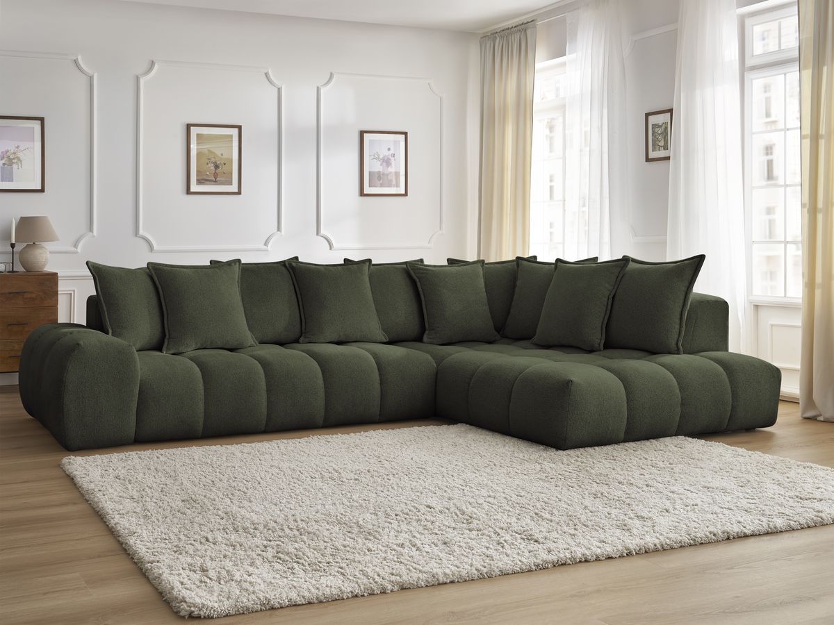 Bobochic Everest Ecksofa, 10 Kissen Melange-Stoff Grün Ecke rechts