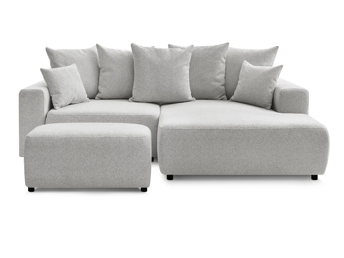 Bobochic Atilla Ecksofa mit Schlaffunktion und Bettkasten und Pouf Melange-Stoff Hellgrau Ecke rechts