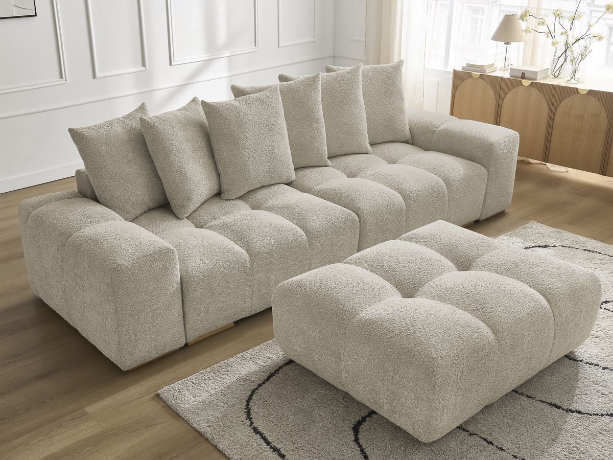 Bobochic Anakin Sofa 3-Sitzer mit Pouf, 6 Kissen Bouclé-Stoff Beige