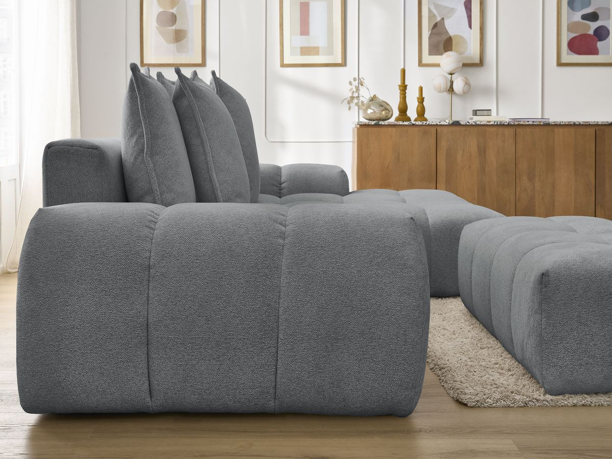 Bobochic Everest Ecksofa mit Schlaffunktion und Bettkasten und Pouf 318 × 180 cm, 7 Kissen Melange-Stoff Dunkelgrau Ecke rechts