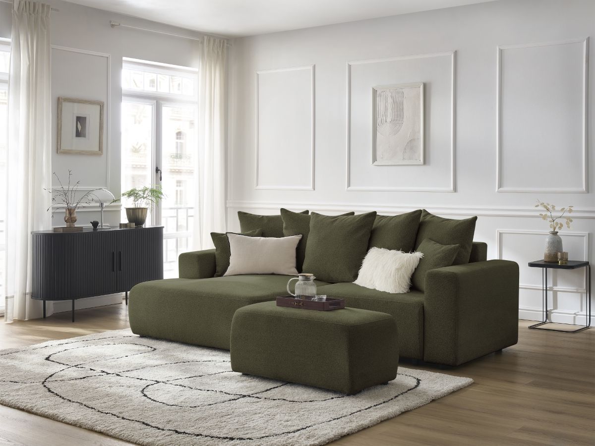 Bobochic Atilla Ecksofa mit Schlaffunktion und Bettkasten und Pouf Melange-Stoff Grün Ecke links