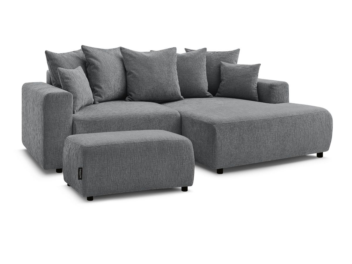 Bobochic Atilla Ecksofa mit Schlaffunktion und Bettkasten und Pouf Strukturstoff Dunkelgrau Ecke rechts