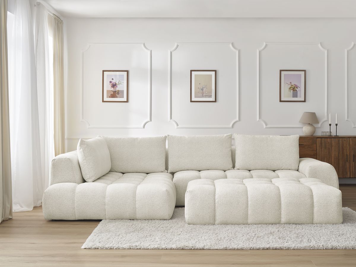 Bobochic Everest Ecksofa mit Schlaffunktion und Pouf, 4 Kissen Melange-Stoff Weiß Ecke links
