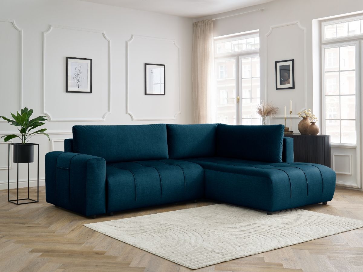 Bobochic Arsene Ecksofa mit Schlaffunktion und Bettkasten 277 × 200 cm Samt Dunkelblau Ecke rechts