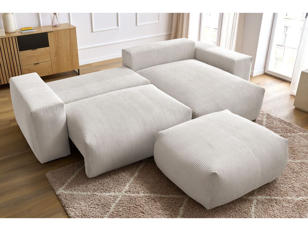 Bobochic Voltaire Ecksofa mit Schlaffunktion und Bettkasten und Pouf Cordsamt Beige
