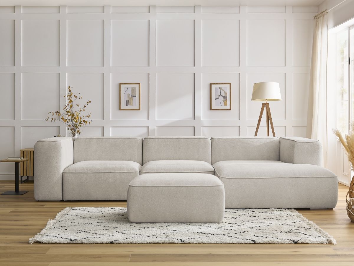 Bobochic Zephyr Ecksofa mit Pouf 349 × 165 cm Strukturstoff Beige Ecke rechts