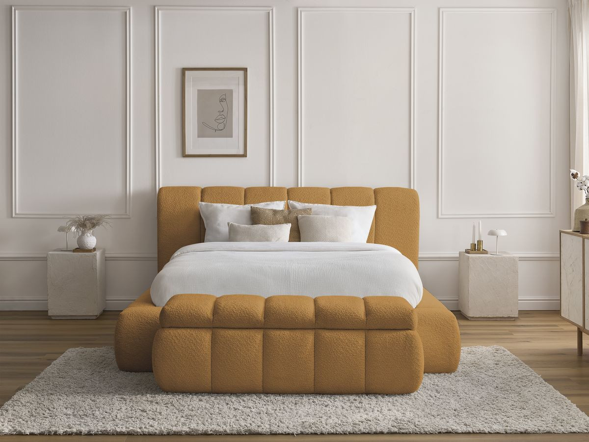 Bobochic Denali Polsterbett mit Bettkasten mit Bettbank Bouclé-Stoff Gelb, Liegefläche 160 × 200 cm