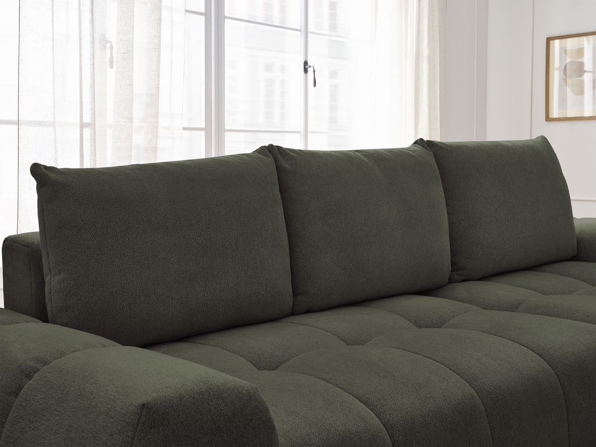 Bobochic Everest Ecksofa mit Schlaffunktion und Bettkasten 318 × 180 cm, 3 Kissen Melange-Stoff Grün Ecke rechts