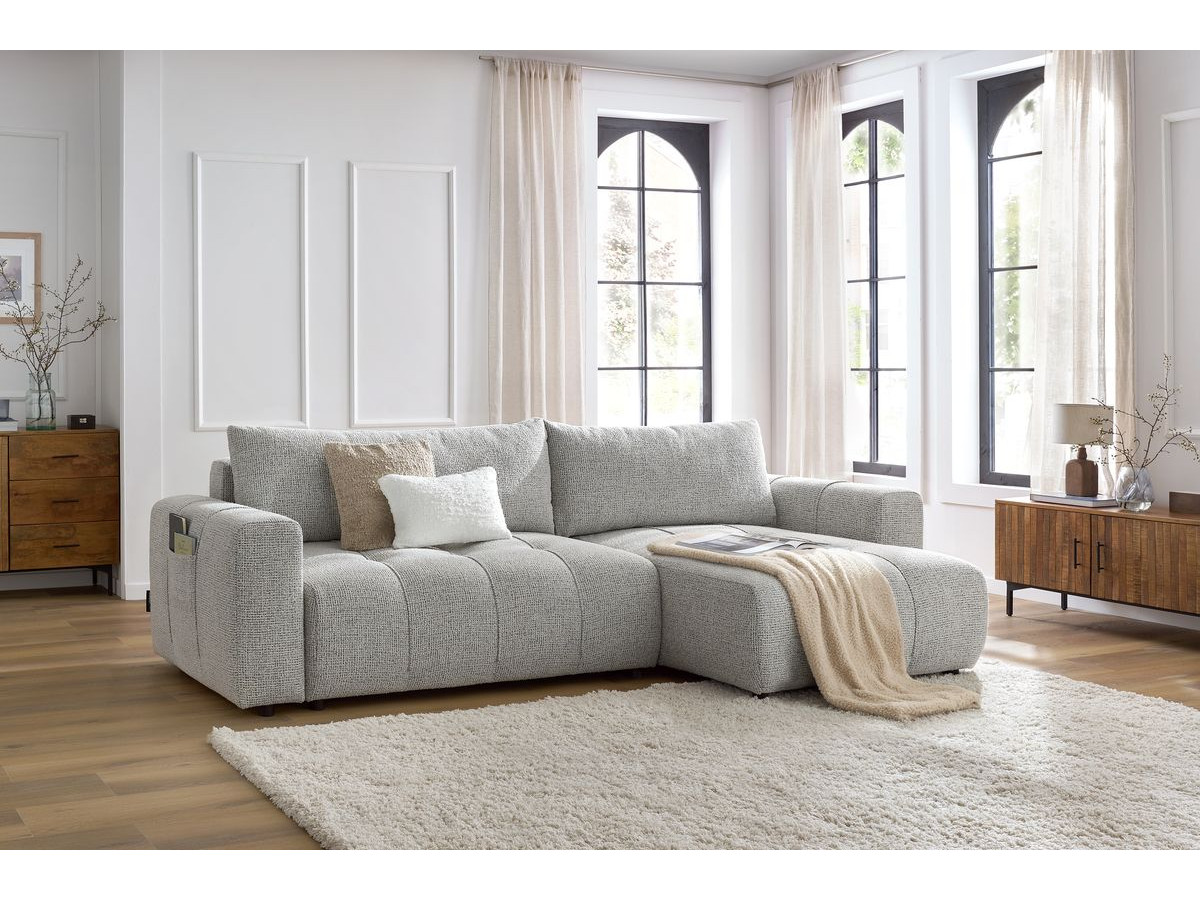 Bobochic Arsene Ecksofa mit Schlaffunktion und Bettkasten 288 × 148 cm Melange-Stoff Hellgrau