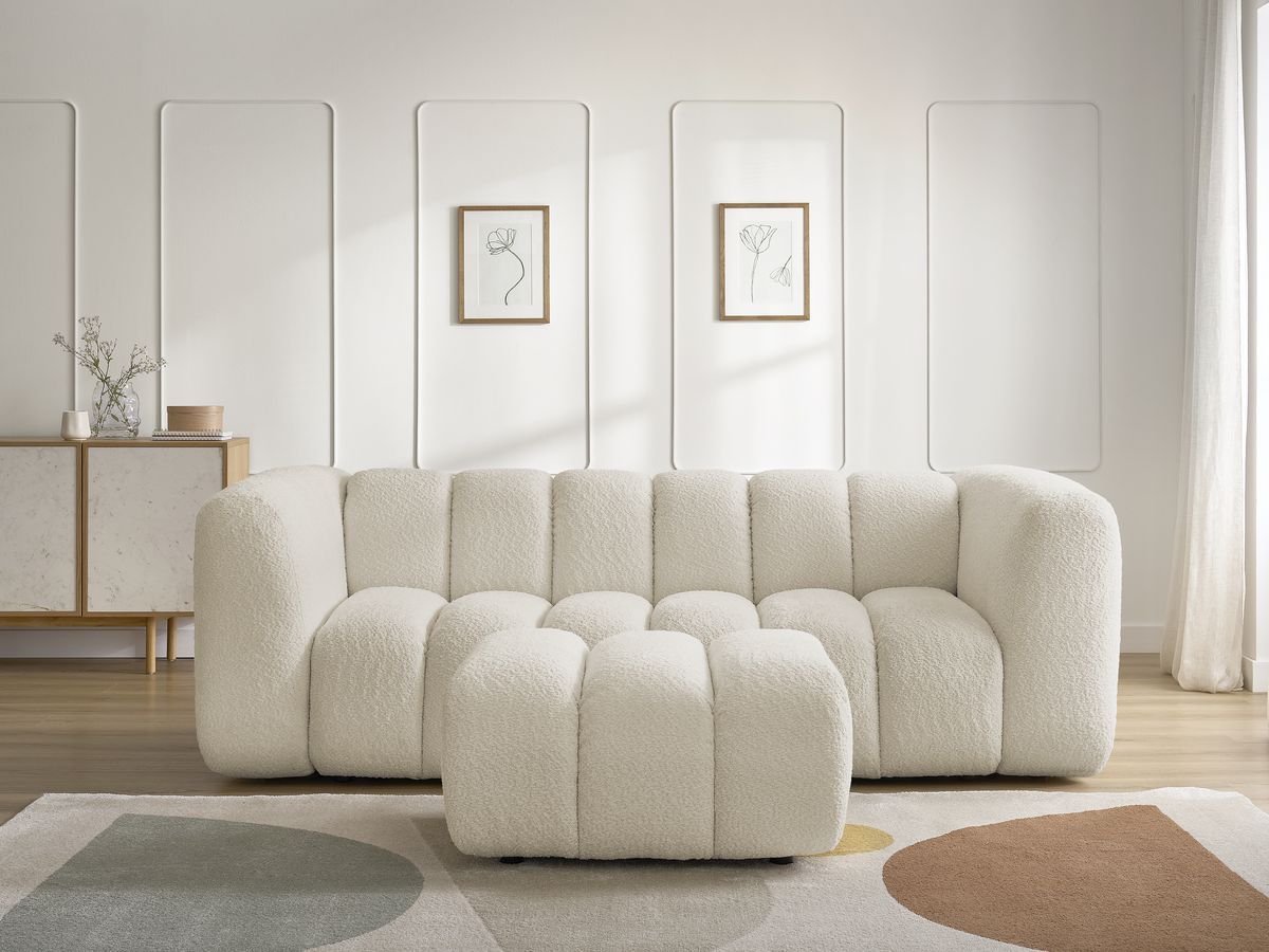 Bobochic Talia Sofa 3-Sitzer mit Pouf Bouclé-Stoff Beige