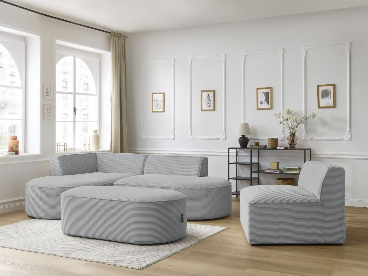 Bobochic Rousseau Ecksofa mit Sofamodul und Pouf Cordsamt Hellgrau Ecke links
